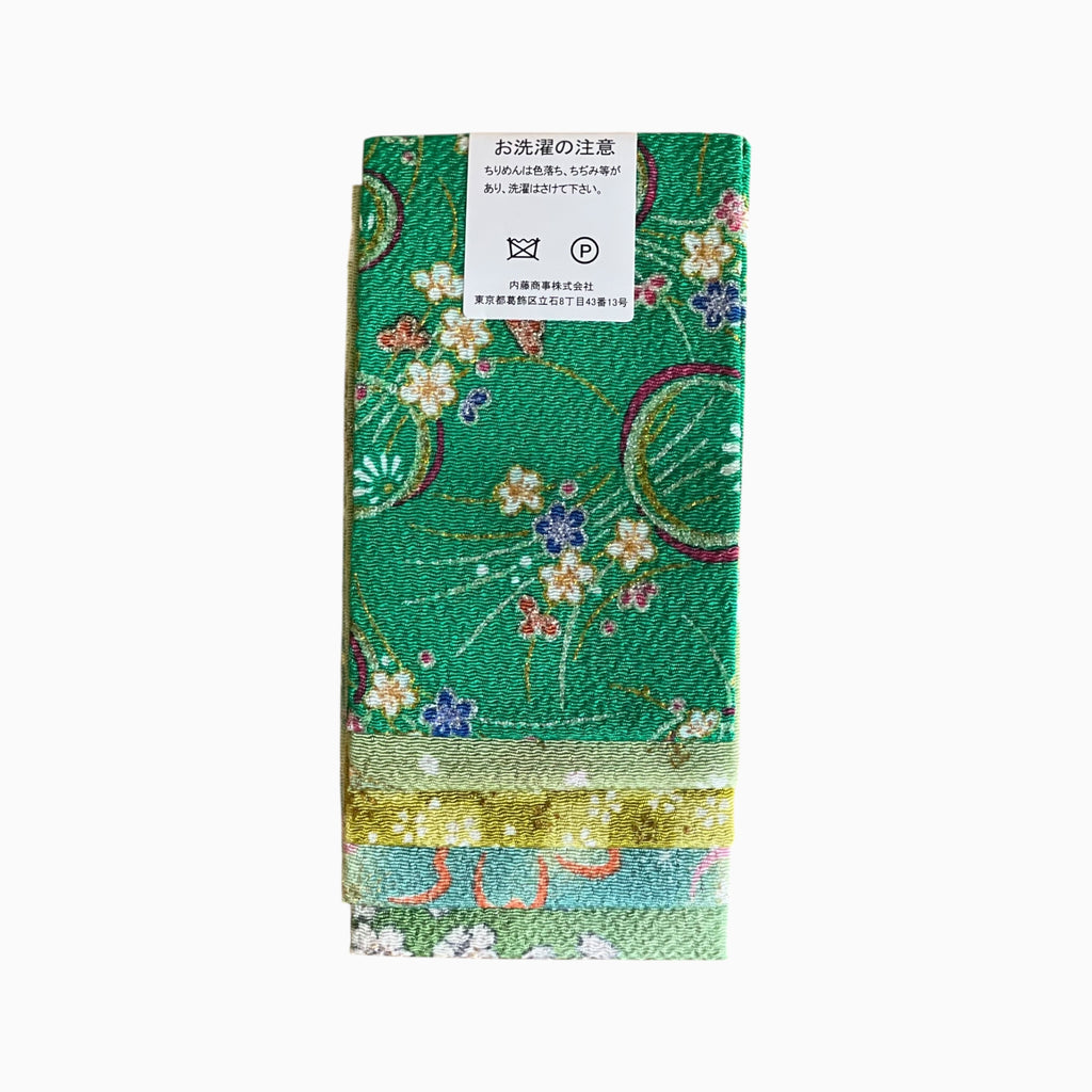 Gold / Silver Printed Japanese Crepe Fabrics - Yuzen pattern in Green